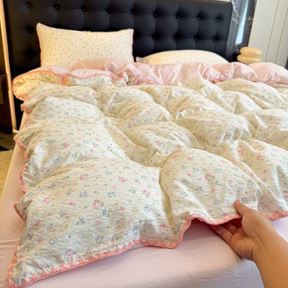 91家纺网 家纺一手货源 找家纺 盼季家纺 2026新款水洗棉印花贝壳绣四件套 贝壳绣-少女心