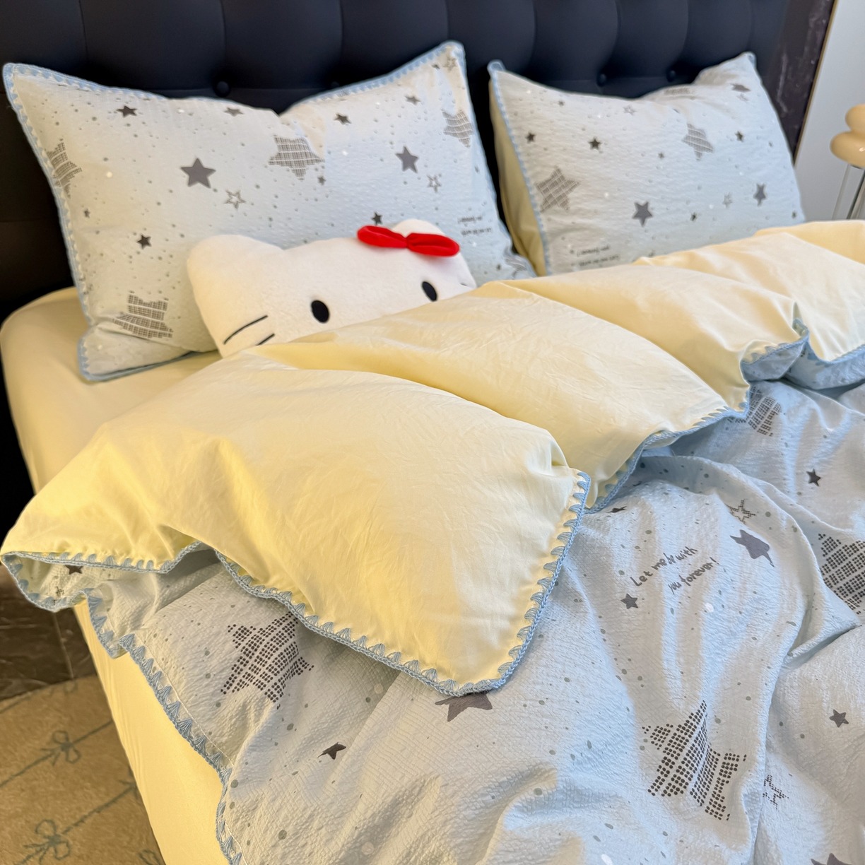 91家纺网 家纺一手货源 找家纺 盼季家纺 2026新款水洗棉印花贝壳绣四件套 贝壳绣-小星星