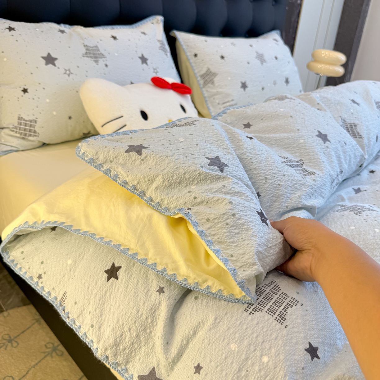 91家纺网 家纺一手货源 找家纺 盼季家纺 2026新款水洗棉印花贝壳绣四件套 贝壳绣-小星星