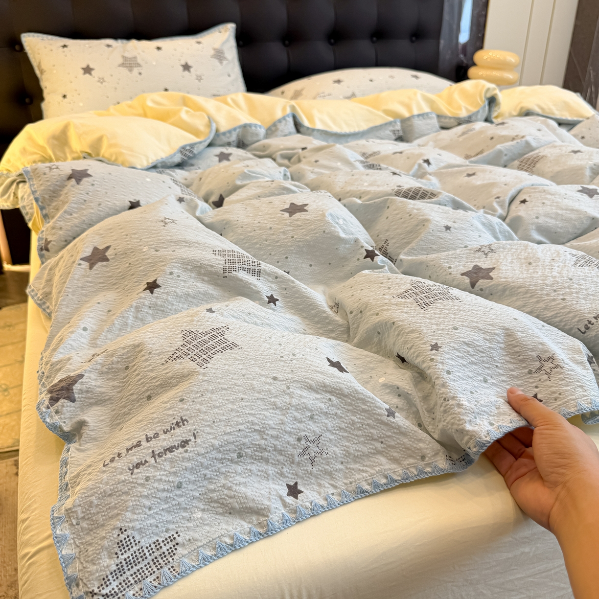 91家纺网 家纺一手货源 找家纺 盼季家纺 2026新款水洗棉印花贝壳绣四件套 贝壳绣-小星星