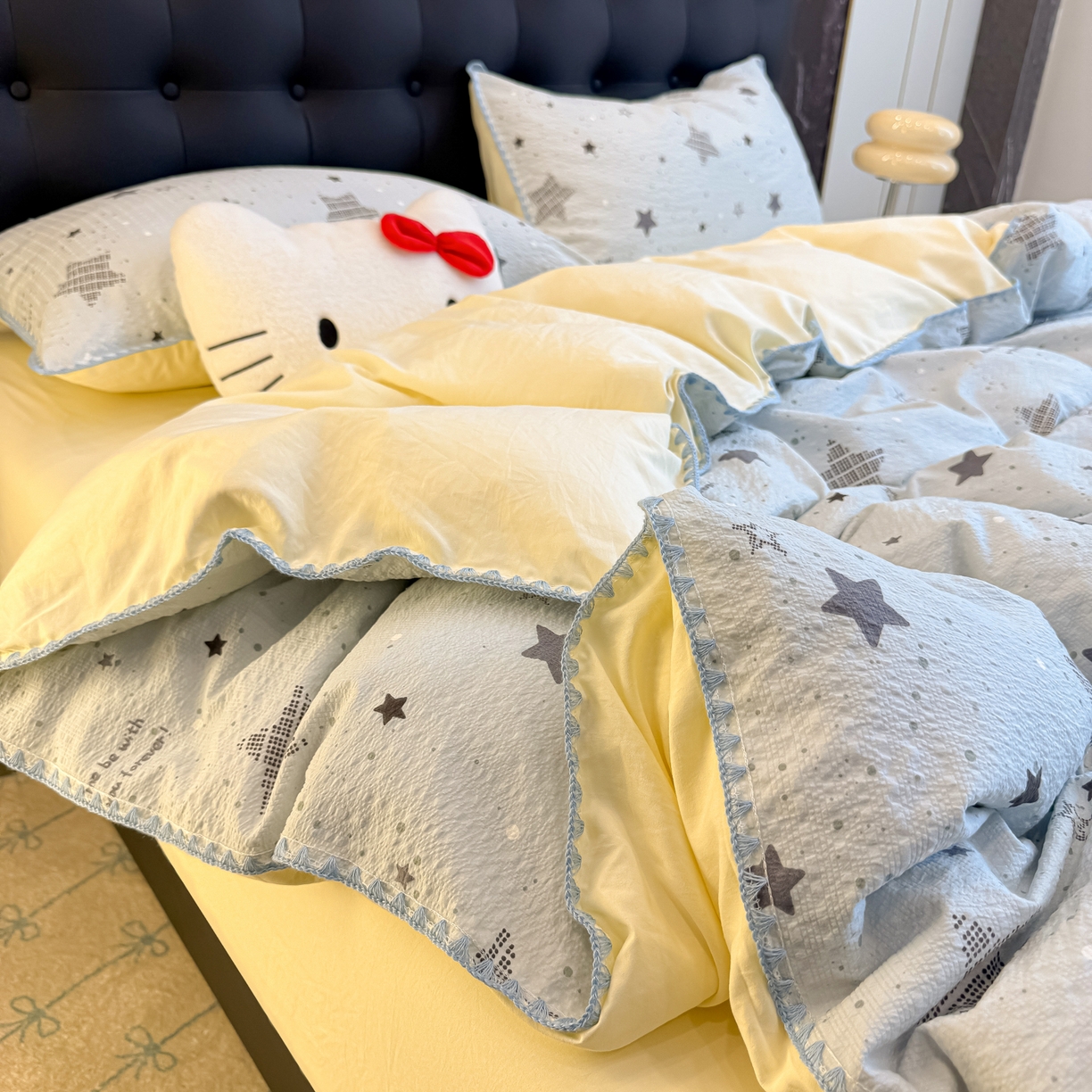 91家纺网 家纺一手货源 找家纺 盼季家纺 2026新款水洗棉印花贝壳绣四件套 贝壳绣-小星星