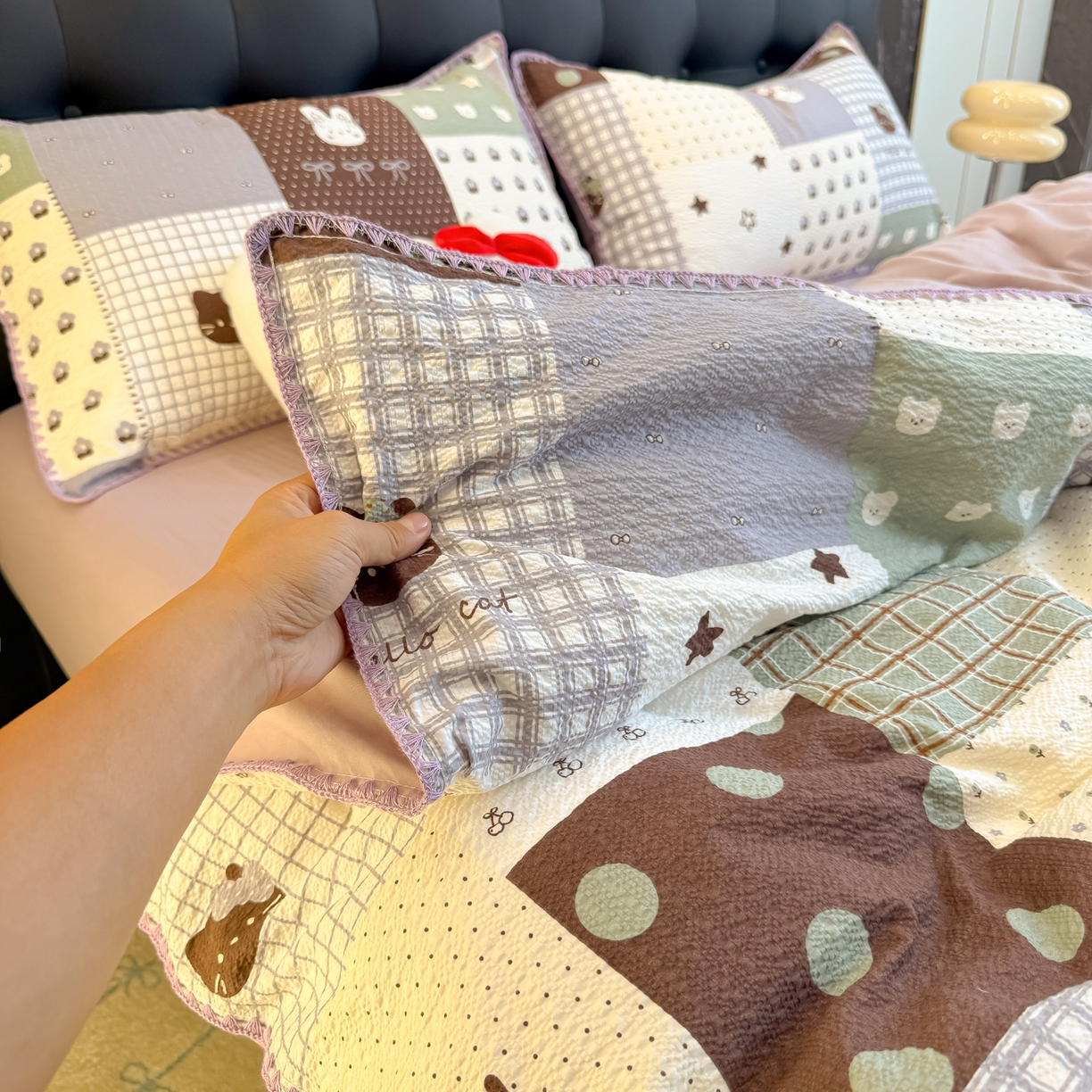 盼季家纺 2026新款水洗棉印花贝壳绣四件套 贝壳绣-复古猫咪酱