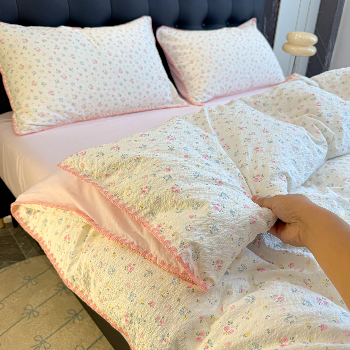 91家纺网 家纺一手货源 找家纺 盼季家纺 2026新款水洗棉印花贝壳绣四件套 贝壳绣-少女心