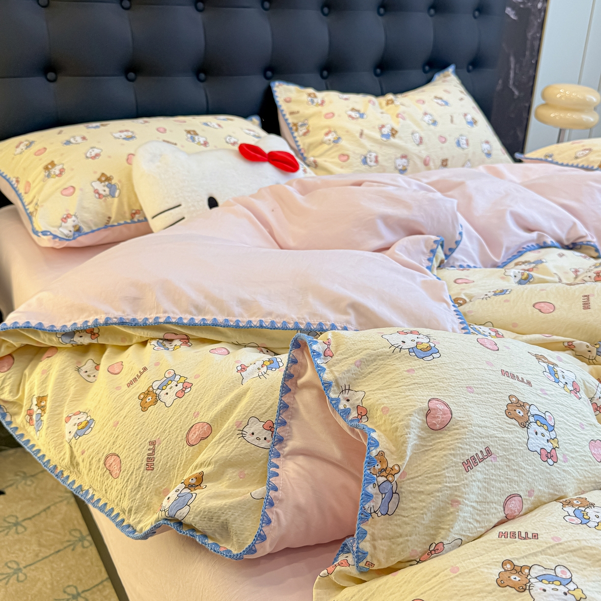 91家纺网 家纺一手货源 找家纺 盼季家纺 2026新款水洗棉印花贝壳绣四件套 贝壳绣-可爱猫咪