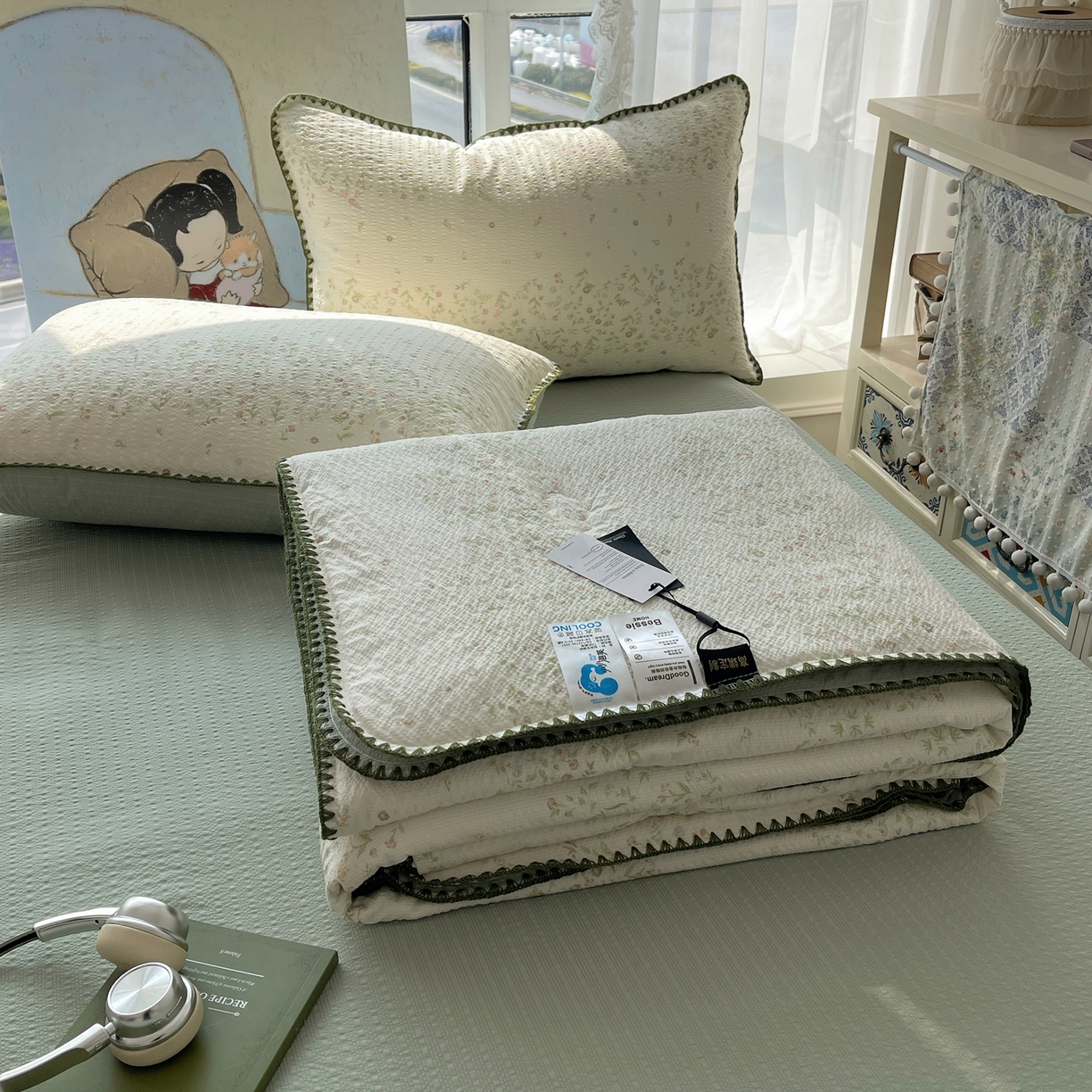 91家纺网 家纺一手货源 找家纺 几禾 2026春夏新款泡芙纱贝壳边夏被夏凉被空调被四件套 欧包-浅夏花信