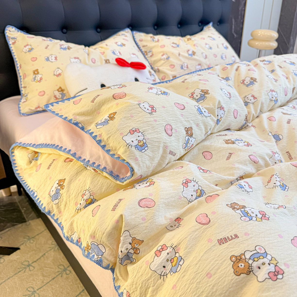 91家纺网 家纺一手货源 找家纺 盼季家纺 2026新款水洗棉印花贝壳绣四件套 贝壳绣-可爱猫咪