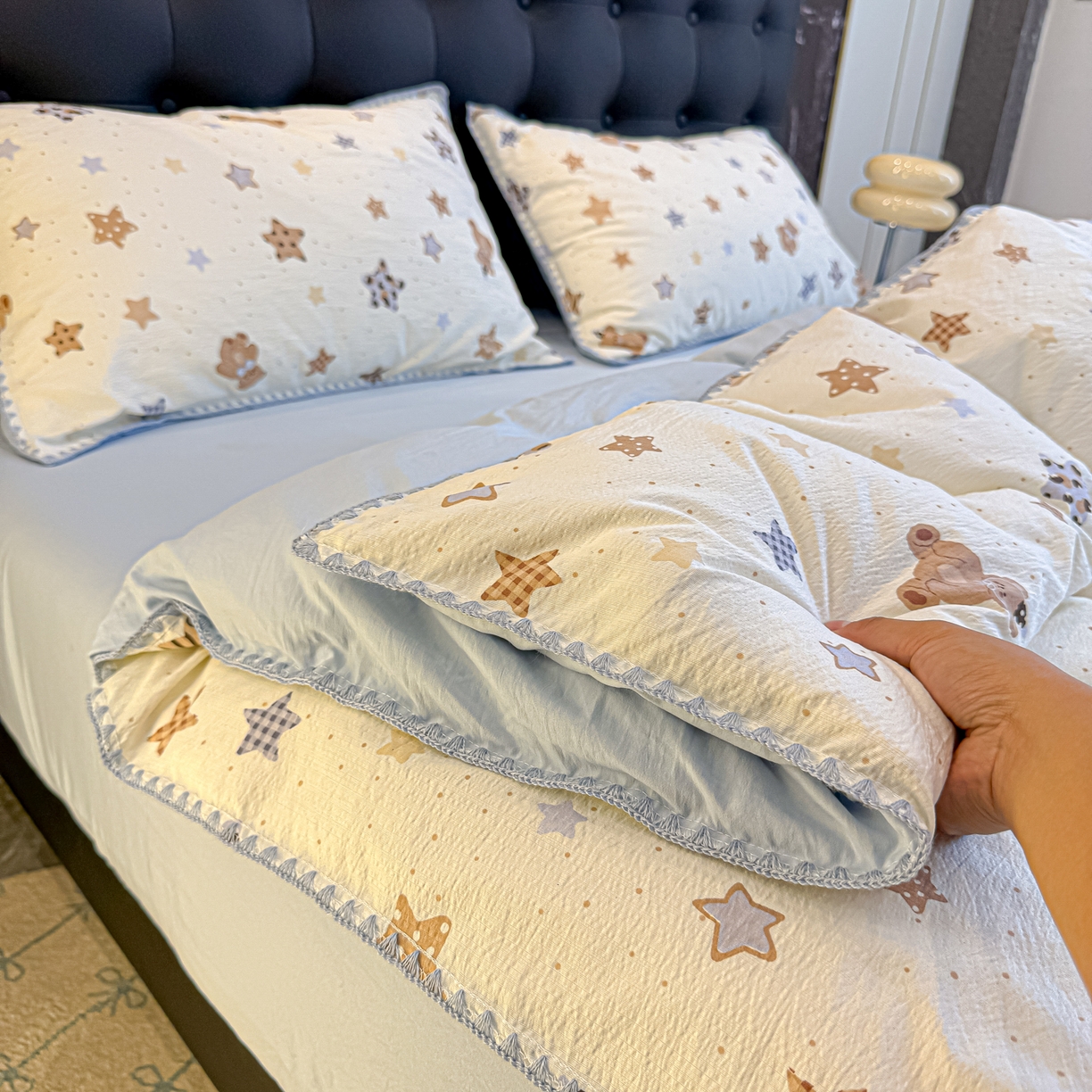 91家纺网 家纺一手货源 找家纺 盼季家纺 2026新款水洗棉印花贝壳绣四件套 贝壳绣-海底星星