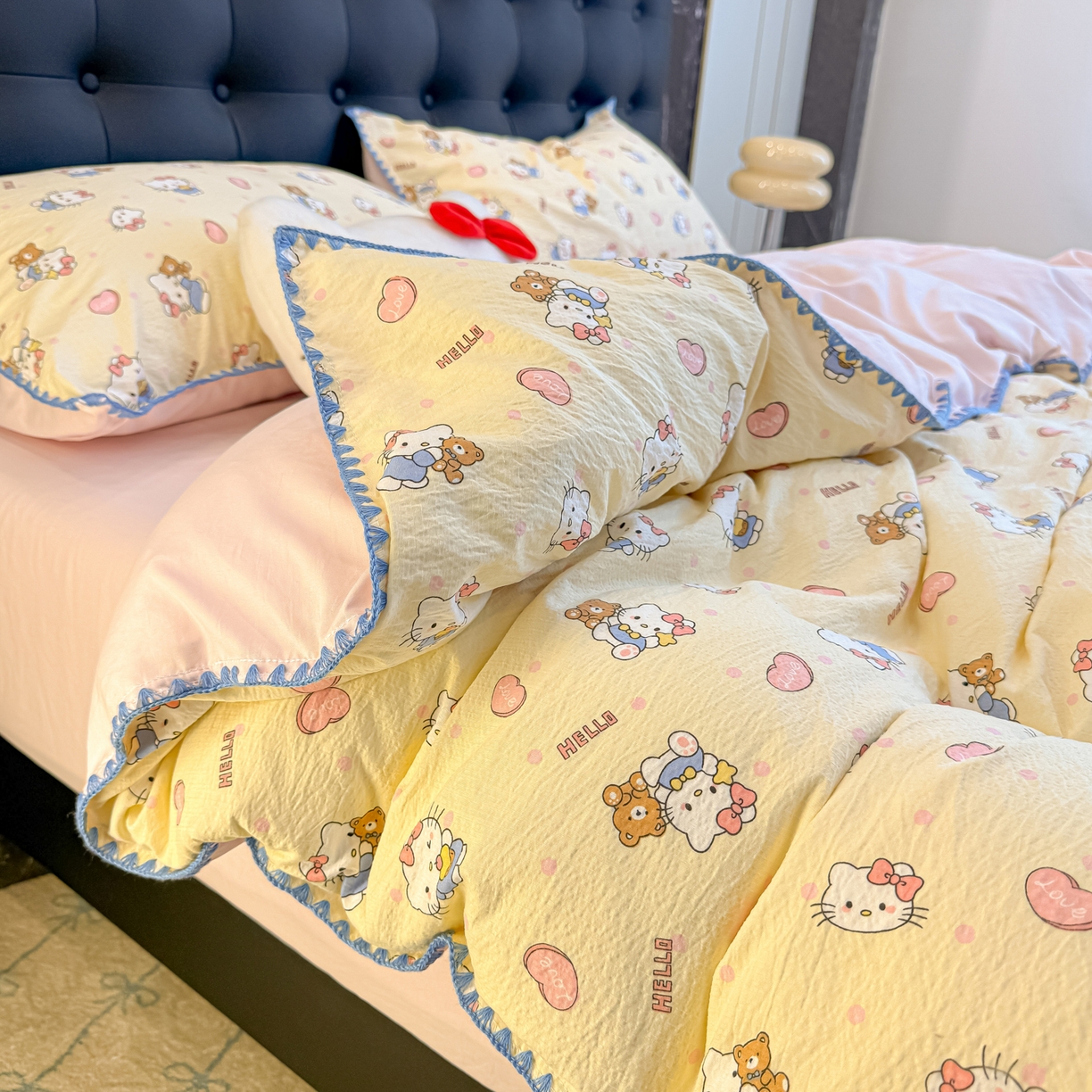 91家纺网 家纺一手货源 找家纺 盼季家纺 2026新款水洗棉印花贝壳绣四件套 贝壳绣-可爱猫咪