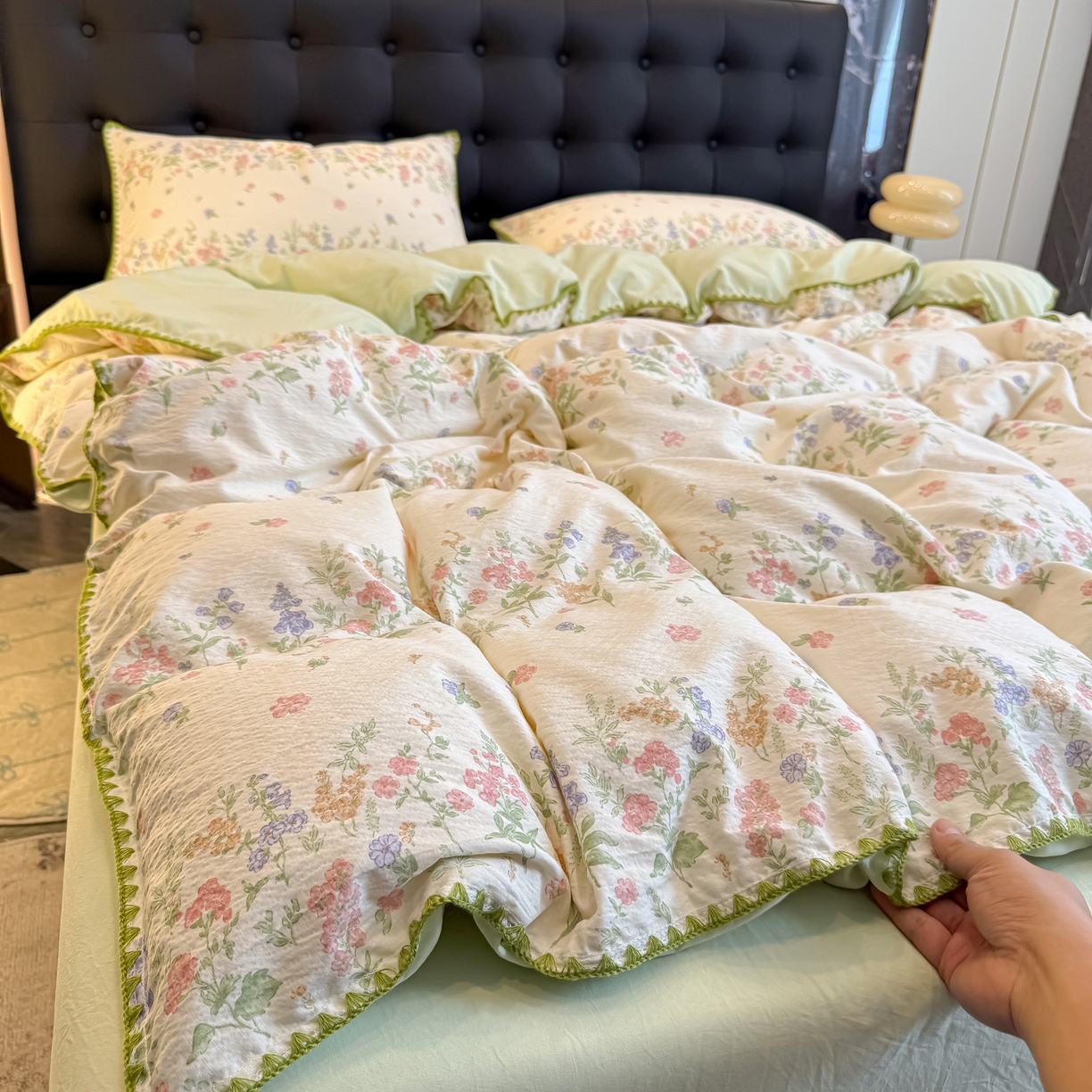 91家纺网 家纺一手货源 找家纺 盼季家纺 2026新款水洗棉印花贝壳绣四件套 贝壳绣-清新物语