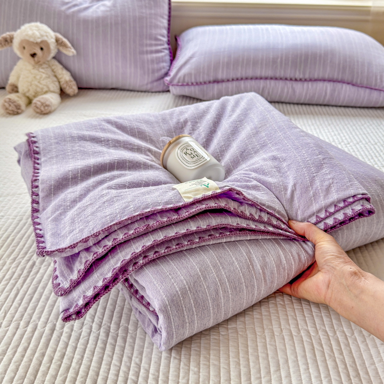 鑫利来家纺 2026新款纯色无印风夏被简约素色法式麻夏凉被阳离子色织提花单人双人学生夏凉被-场景二 青禾-浅紫