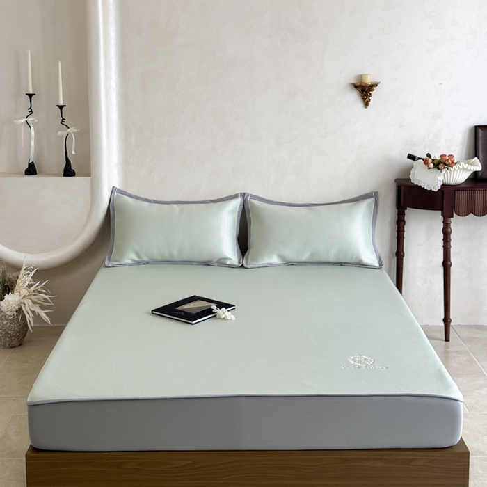 91家纺网 家纺一手货源 找家纺 席佬大 2026新款cool凉感PE肌理纹莫奈冰丝抗菌凉席席子系列 豆绿-床笠款