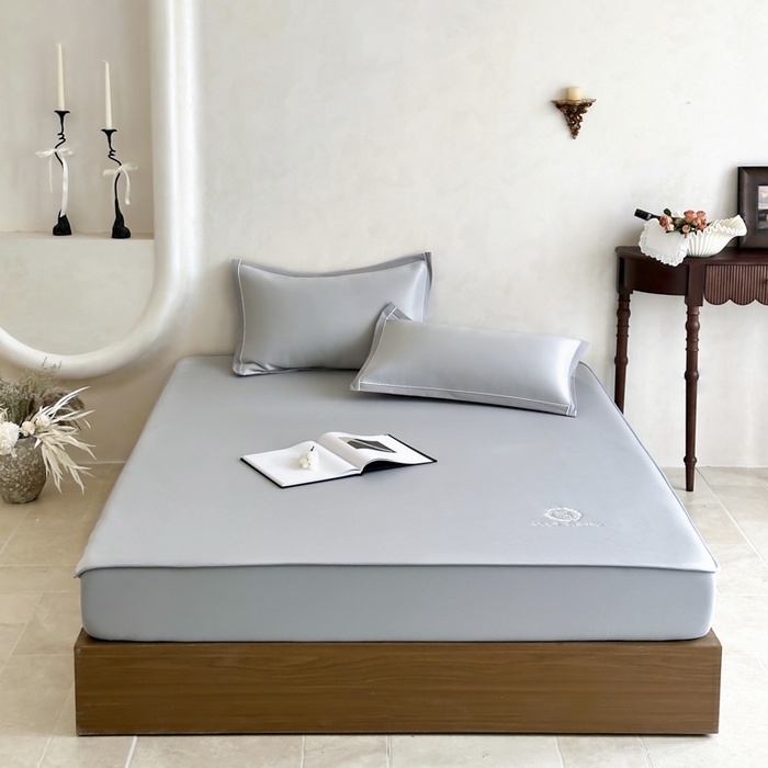 91家纺网 家纺一手货源 找家纺 席佬大 2026新款cool凉感PE肌理纹莫奈冰丝抗菌凉席席子系列 云灰-床笠款