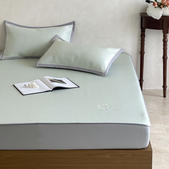 91家纺网 家纺一手货源 找家纺 席佬大 2026新款cool凉感PE肌理纹莫奈冰丝抗菌凉席席子系列 豆绿-床笠款