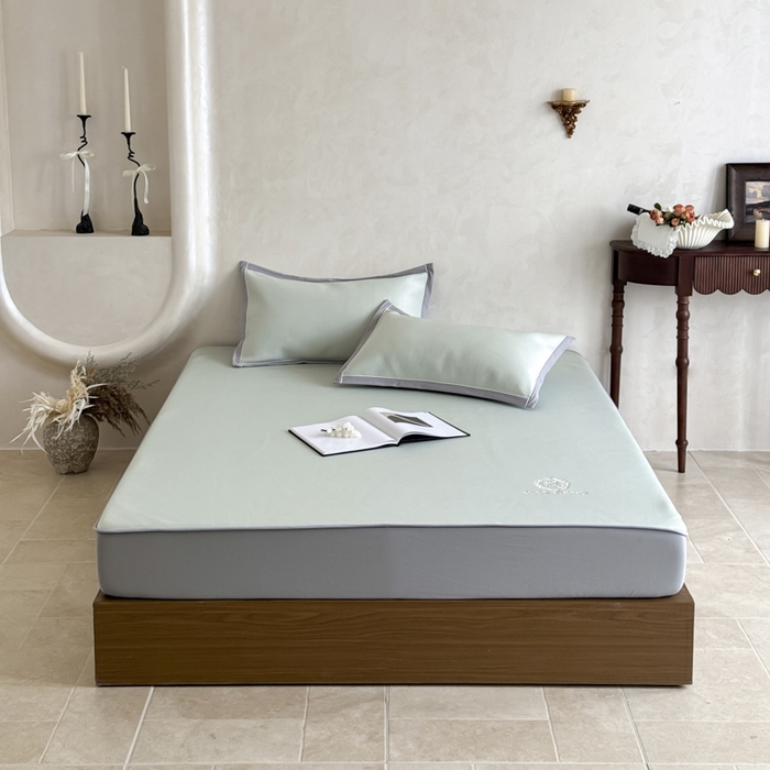 91家纺网 家纺一手货源 找家纺 席佬大 2026新款cool凉感PE肌理纹莫奈冰丝抗菌凉席席子系列 豆绿-床笠款