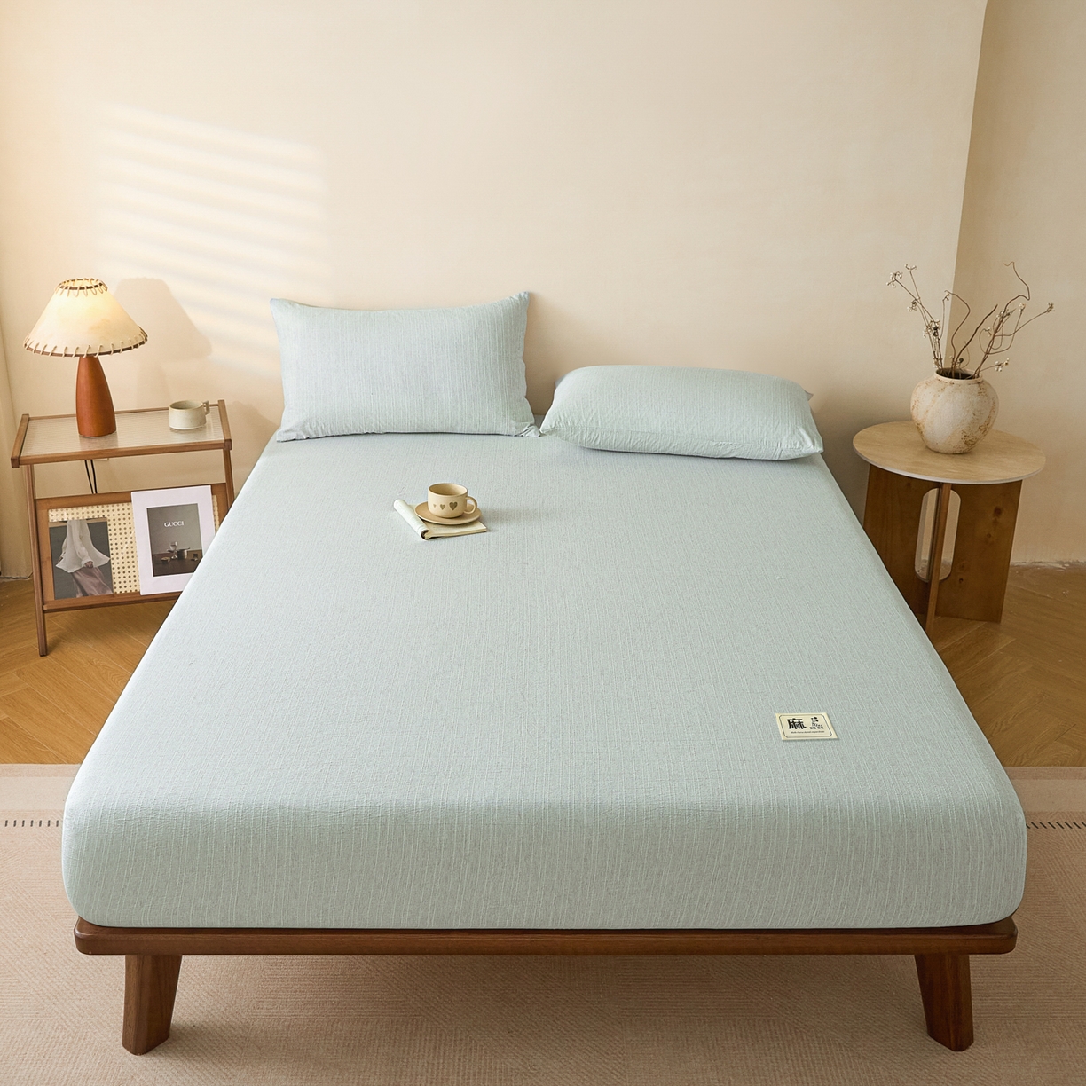 91家纺网 家纺一手货源 找家纺 蓝极人 2026新款提花色织水洗麻床笠 CL抹茶绿