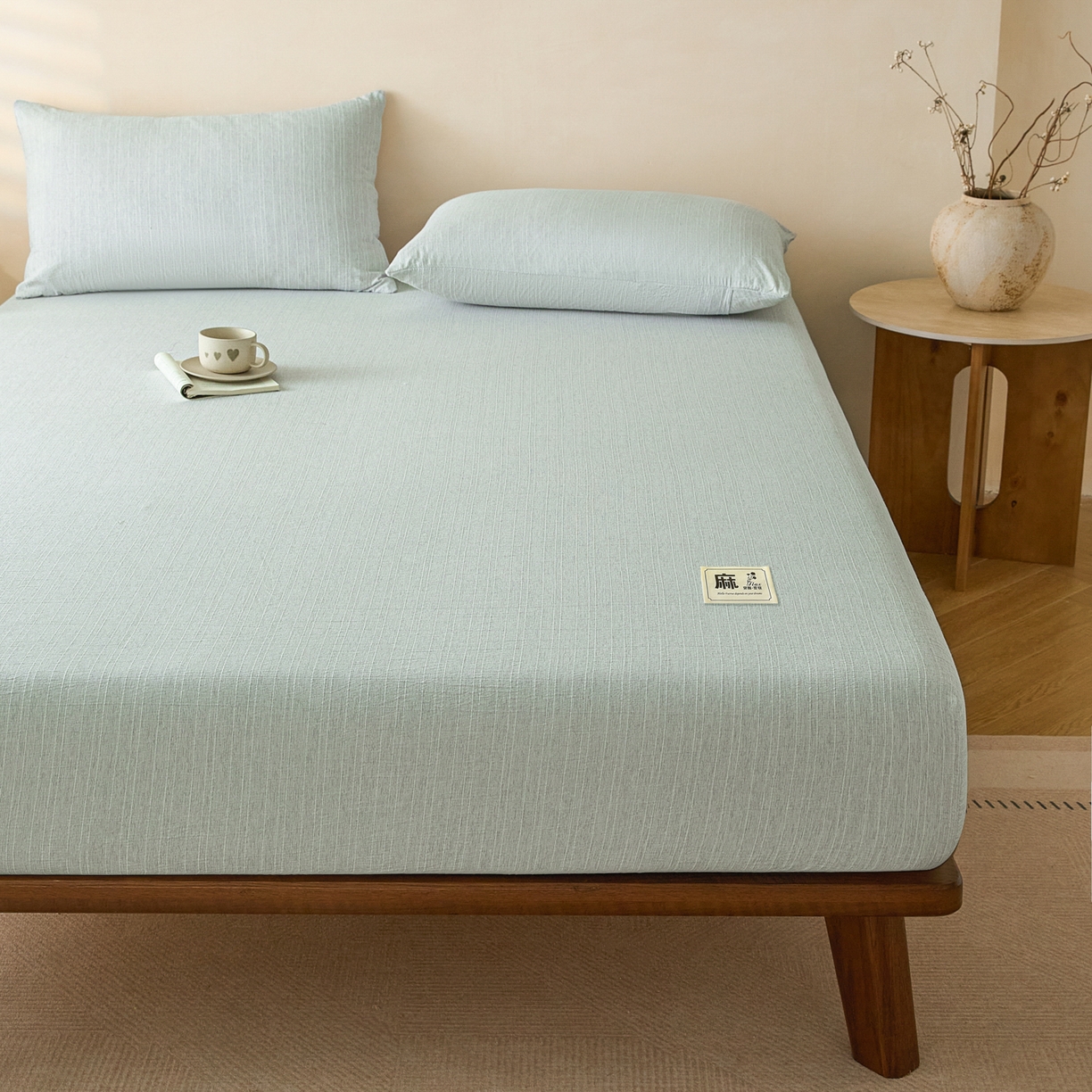 91家纺网 家纺一手货源 找家纺 蓝极人 2026新款提花色织水洗麻床笠 CL抹茶绿