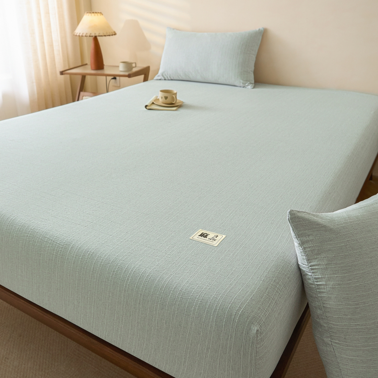 91家纺网 家纺一手货源 找家纺 蓝极人 2026新款提花色织水洗麻床笠 CL抹茶绿