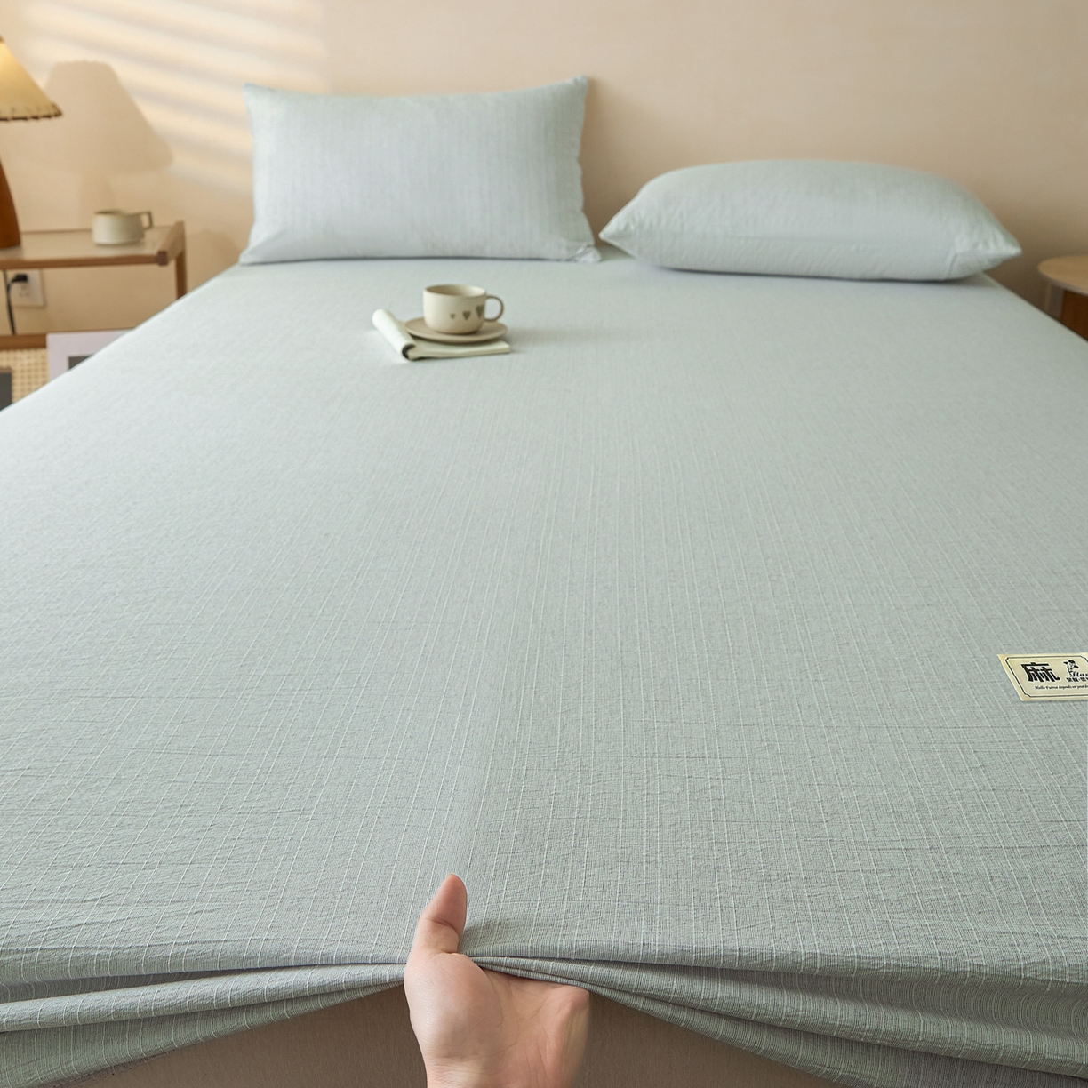 91家纺网 家纺一手货源 找家纺 蓝极人 2026新款提花色织水洗麻床笠 CL抹茶绿