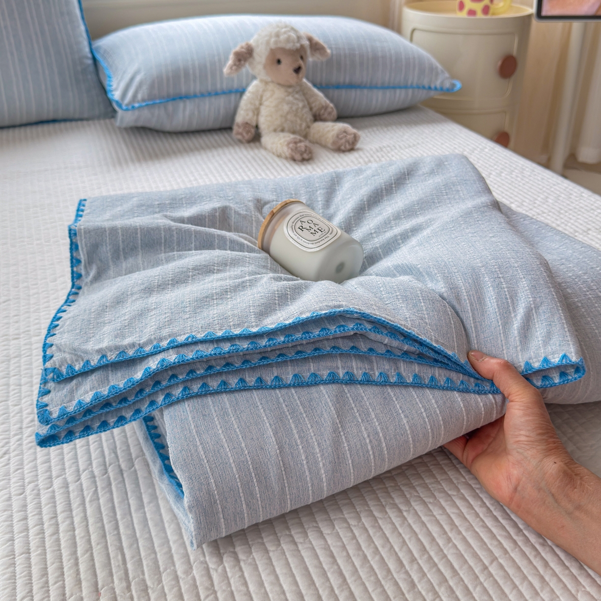 鑫利来家纺 2026新款纯色无印风夏被简约素色法式麻夏凉被阳离子色织提花单人双人学生夏凉被-场景二 青禾-雾蓝