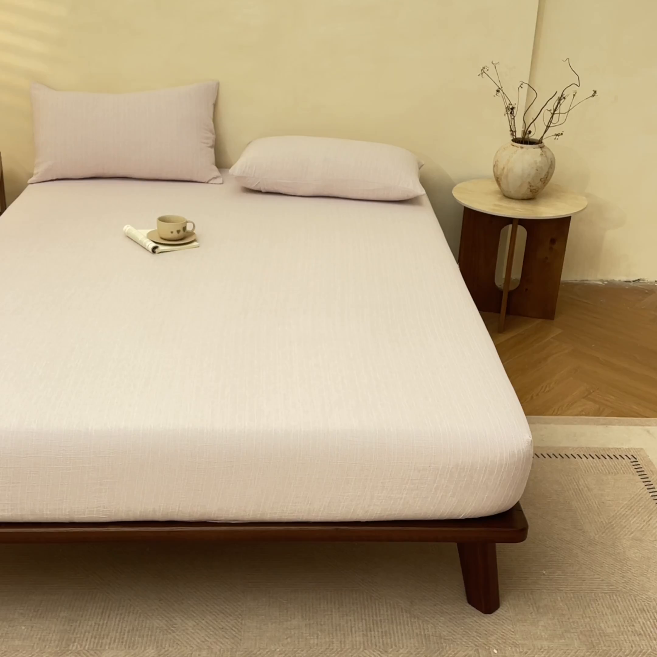 91家纺网 家纺一手货源 找家纺 蓝极人 2026新款提花色织水洗麻床笠 CL晨曦黄