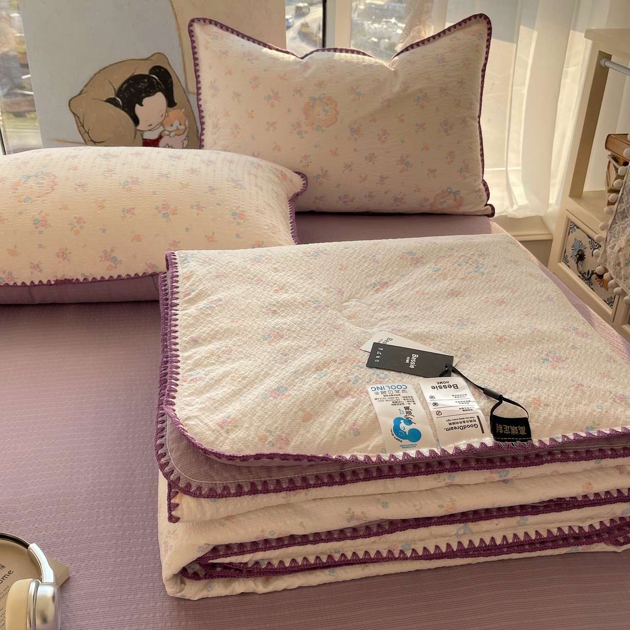 91家纺网 家纺一手货源 找家纺 几禾 2026春夏新款泡芙纱贝壳边夏被夏凉被空调被四件套 欧包-碎花藏甜