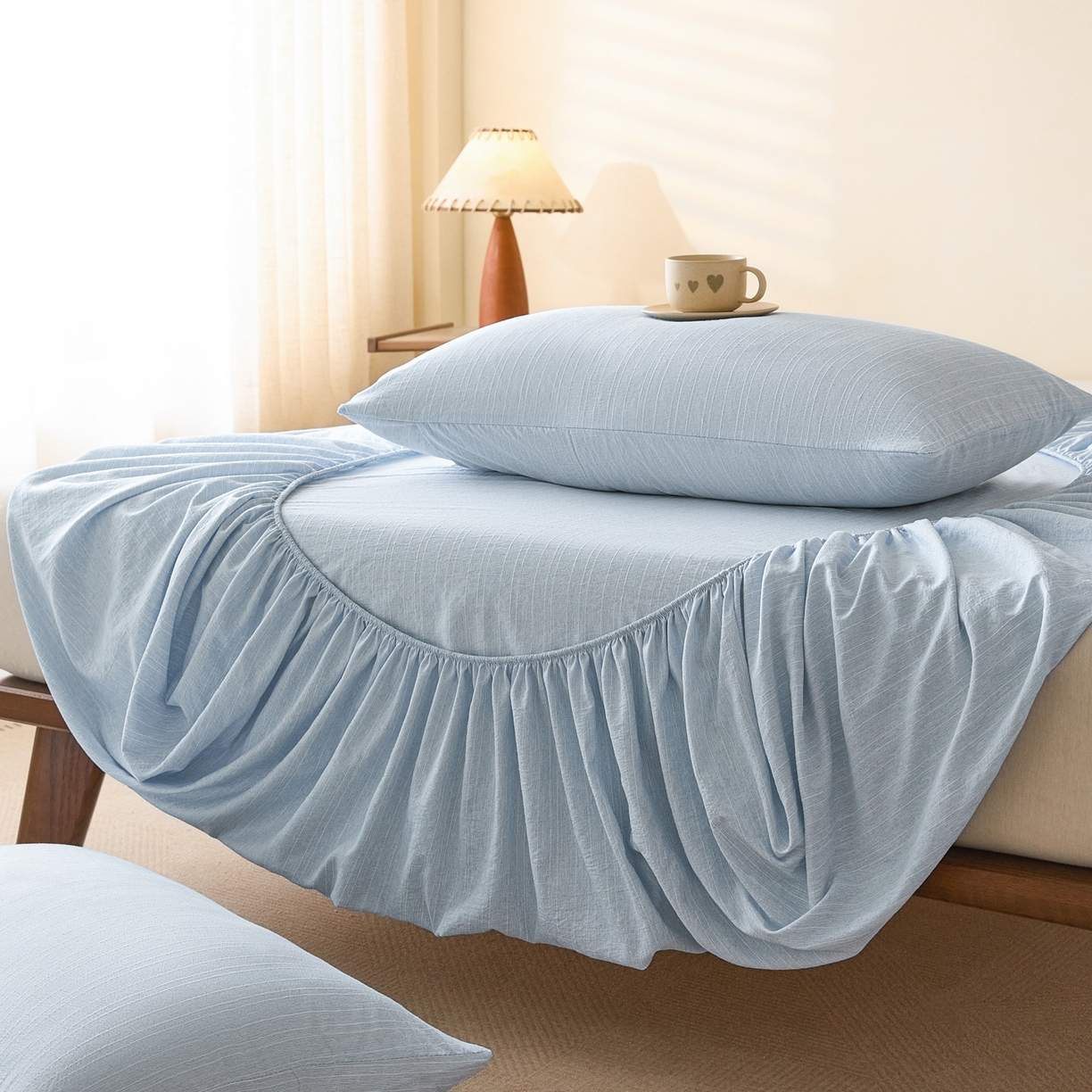 蓝极人 2026新款提花色织水洗麻床笠 CL湖水蓝