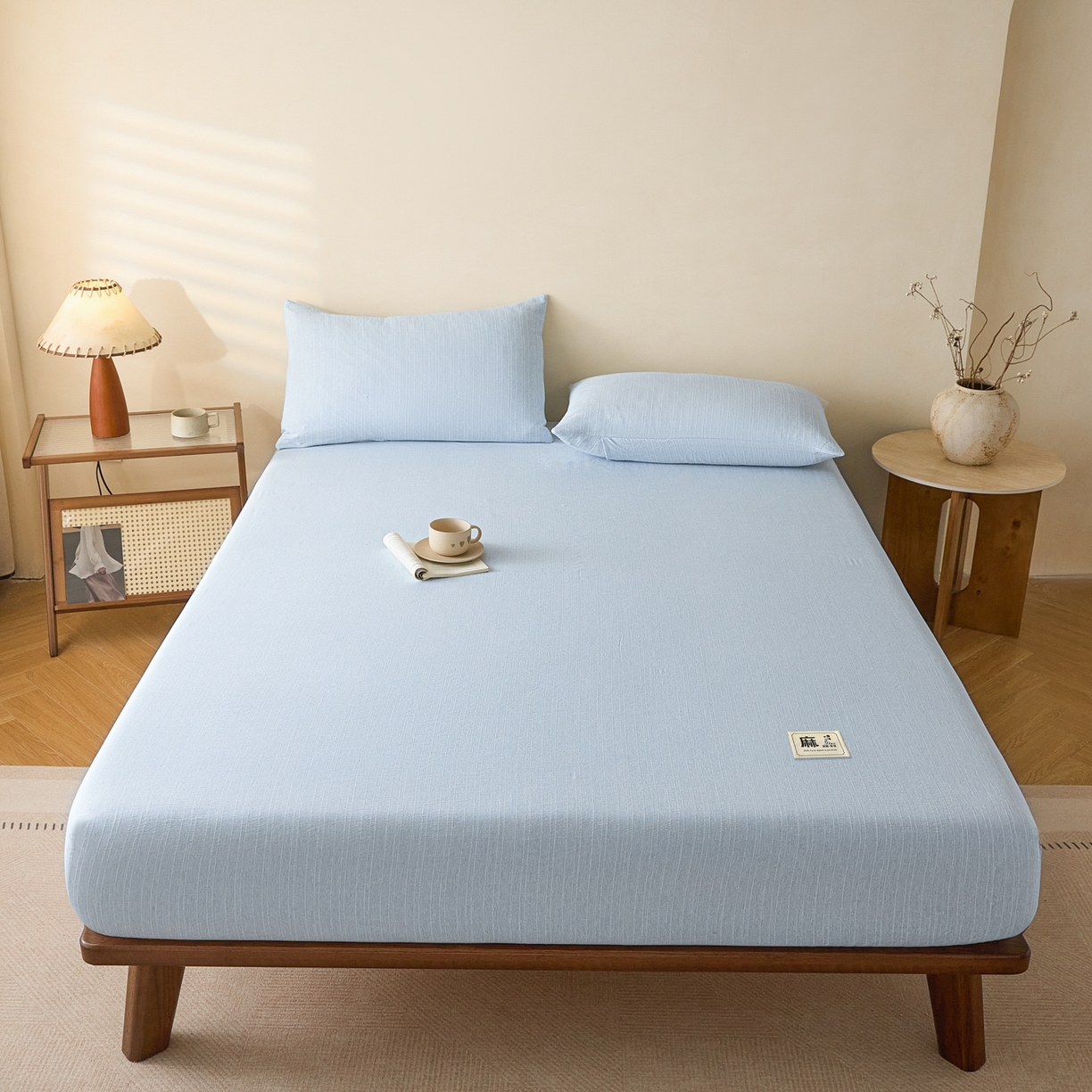 91家纺网 家纺一手货源 找家纺 蓝极人 2026新款提花色织水洗麻床笠 CL湖水蓝