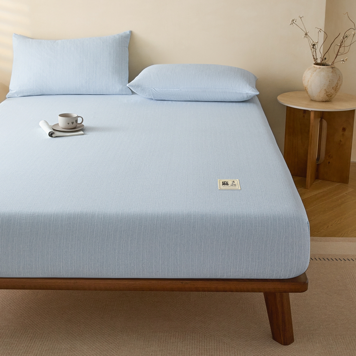 91家纺网 家纺一手货源 找家纺 蓝极人 2026新款提花色织水洗麻床笠 CL湖水蓝