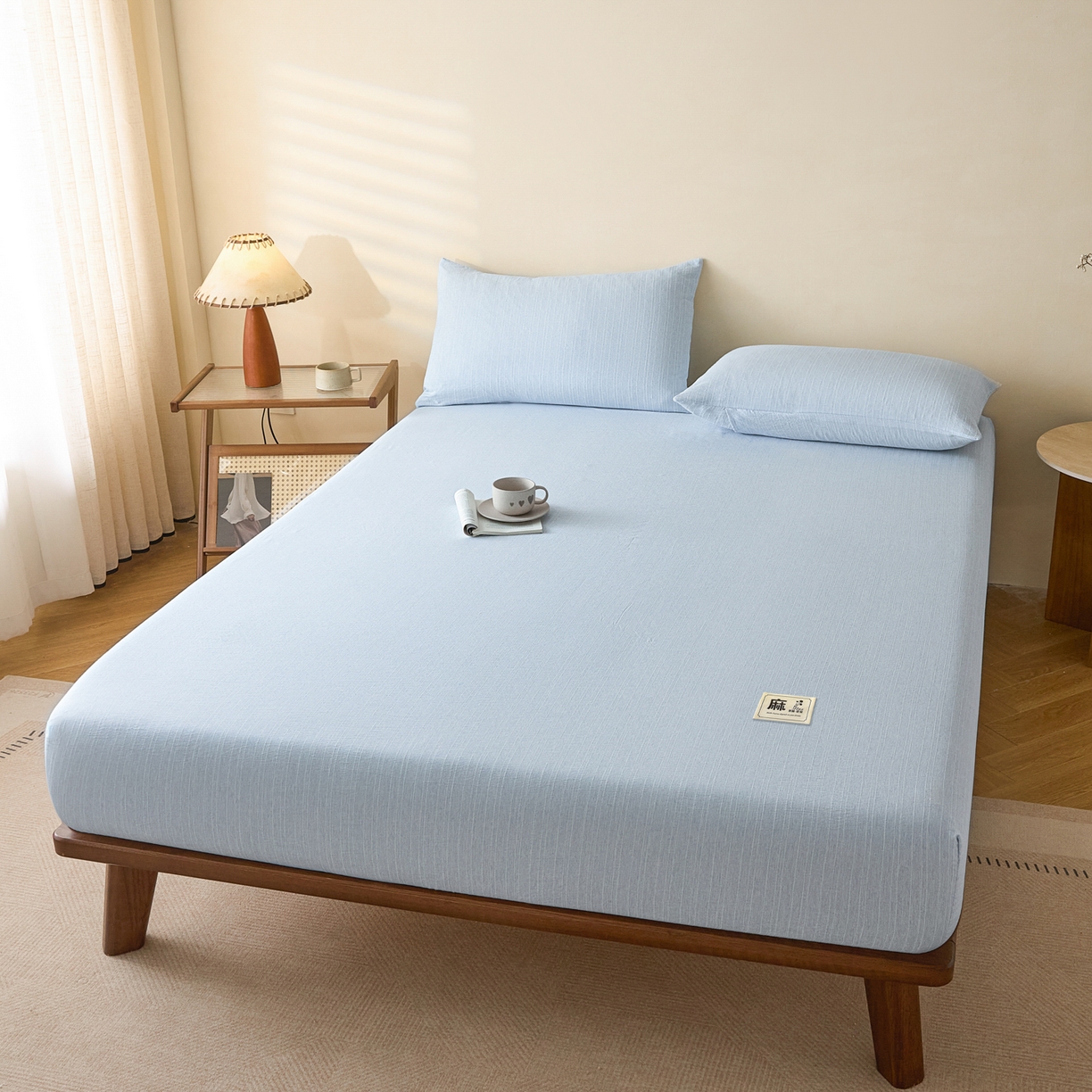 91家纺网 家纺一手货源 找家纺 蓝极人 2026新款提花色织水洗麻床笠 CL湖水蓝