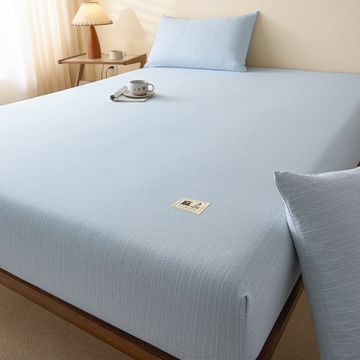 91家纺网 家纺一手货源 找家纺 蓝极人 2026新款提花色织水洗麻床笠 CL湖水蓝