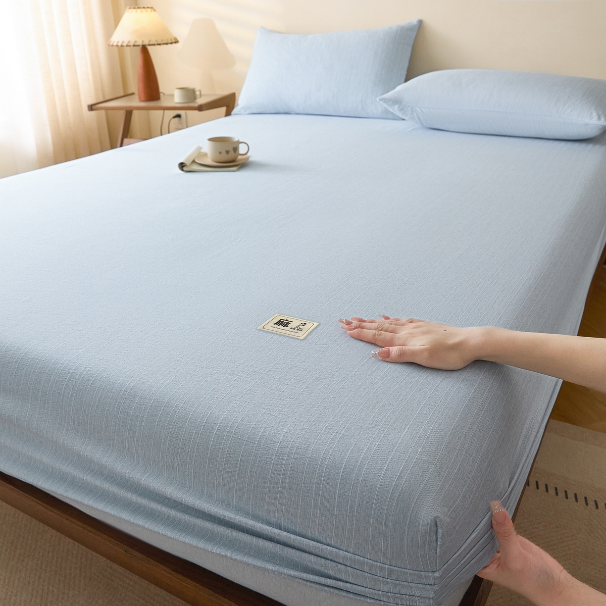 91家纺网 家纺一手货源 找家纺 蓝极人 2026新款提花色织水洗麻床笠 CL湖水蓝