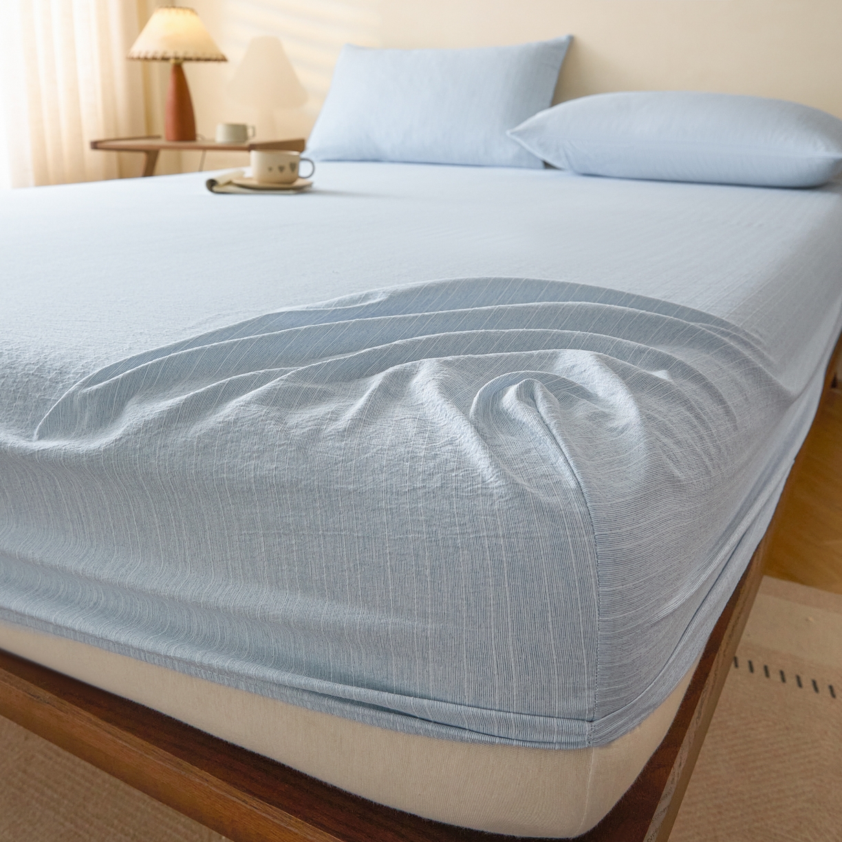 91家纺网 家纺一手货源 找家纺 蓝极人 2026新款提花色织水洗麻床笠 CL湖水蓝