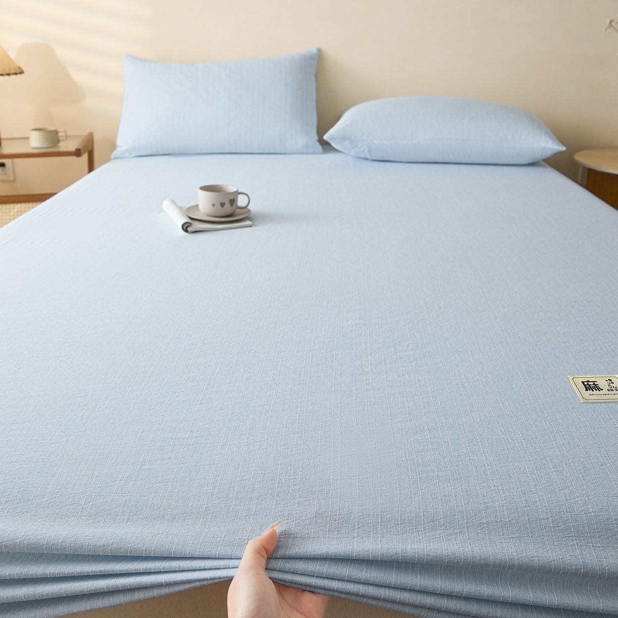 91家纺网 家纺一手货源 找家纺 蓝极人 2026新款提花色织水洗麻床笠 CL湖水蓝