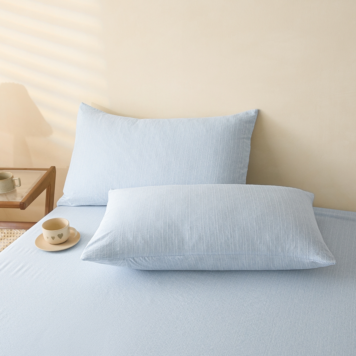 91家纺网 家纺一手货源 找家纺 蓝极人 2026新款提花色织水洗麻床笠 CL湖水蓝