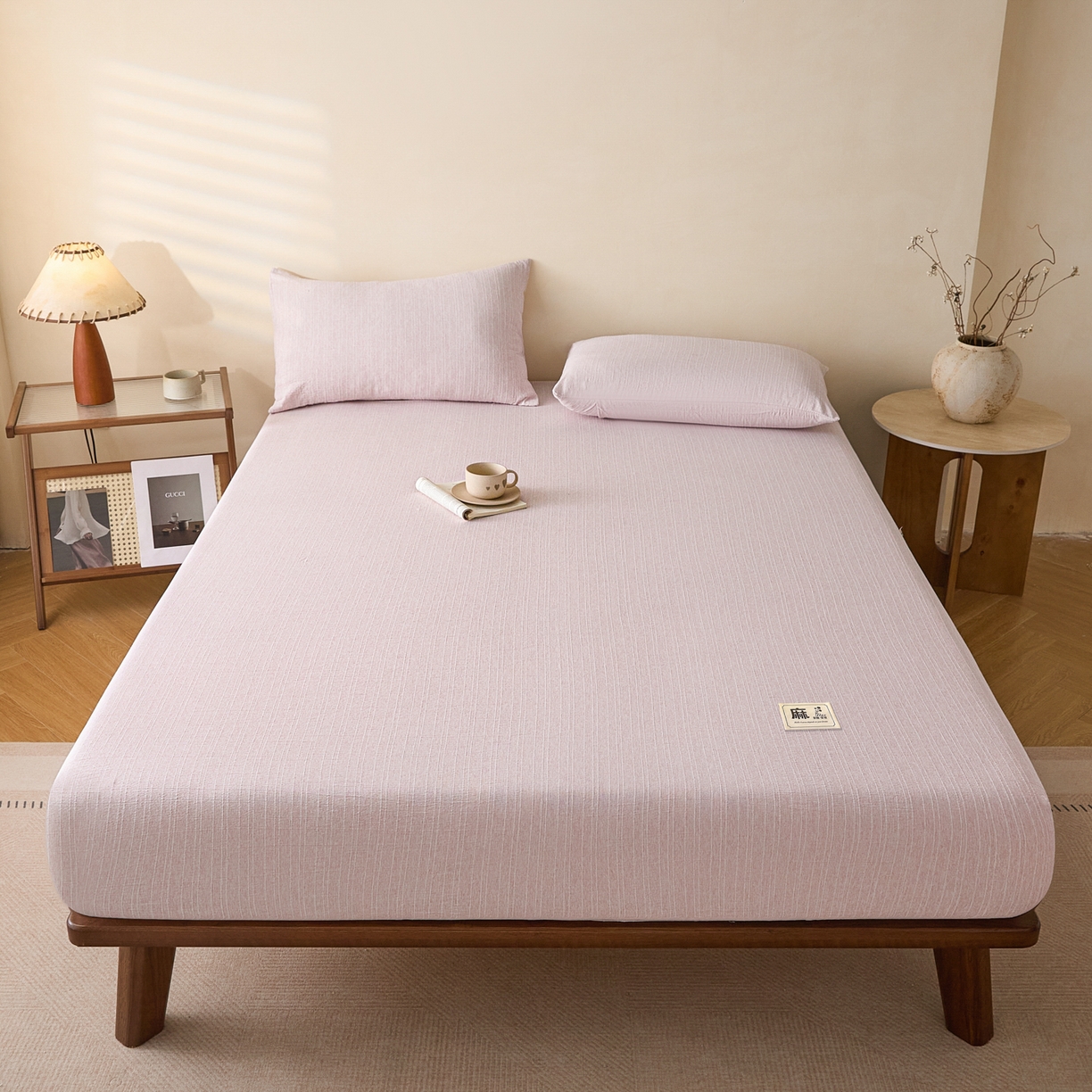 91家纺网 家纺一手货源 找家纺 蓝极人 2026新款提花色织水洗麻床笠 CL玫瑰粉