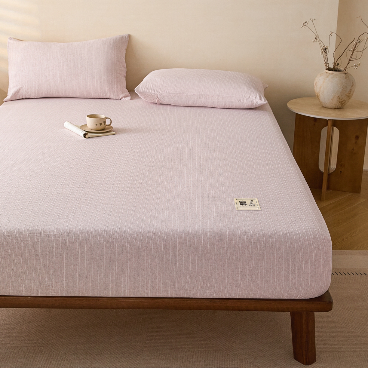 91家纺网 家纺一手货源 找家纺 蓝极人 2026新款提花色织水洗麻床笠 CL玫瑰粉