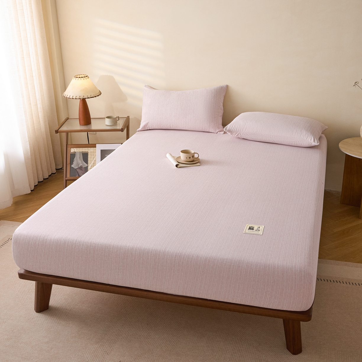 91家纺网 家纺一手货源 找家纺 蓝极人 2026新款提花色织水洗麻床笠 CL玫瑰粉