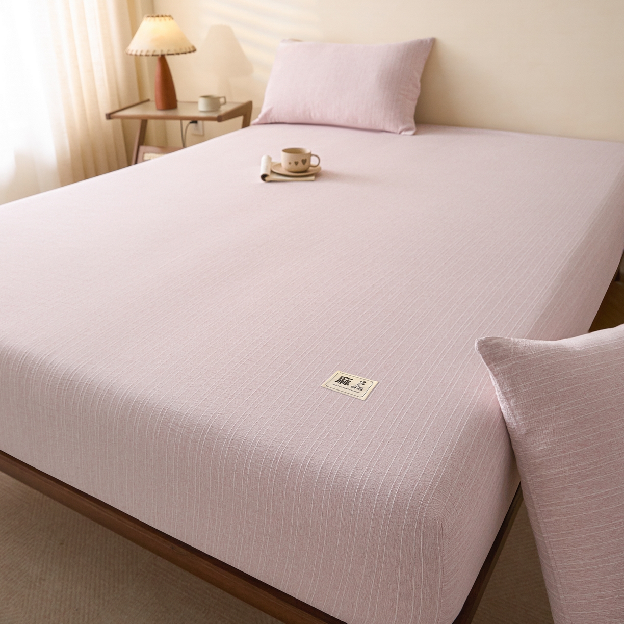 91家纺网 家纺一手货源 找家纺 蓝极人 2026新款提花色织水洗麻床笠 CL玫瑰粉