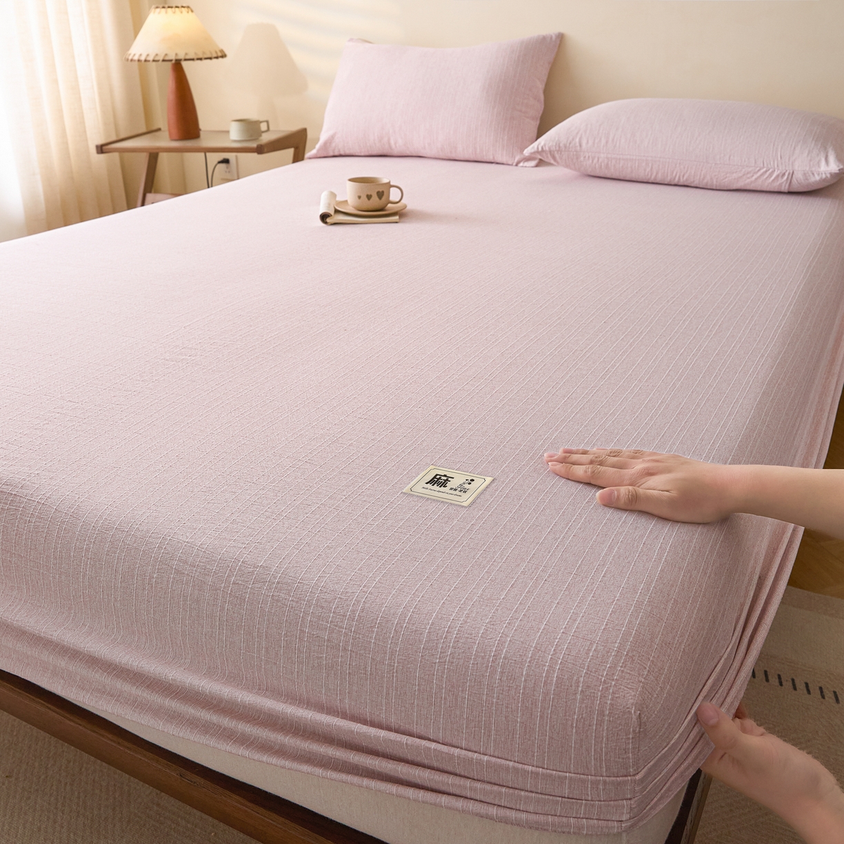 91家纺网 家纺一手货源 找家纺 蓝极人 2026新款提花色织水洗麻床笠 CL玫瑰粉