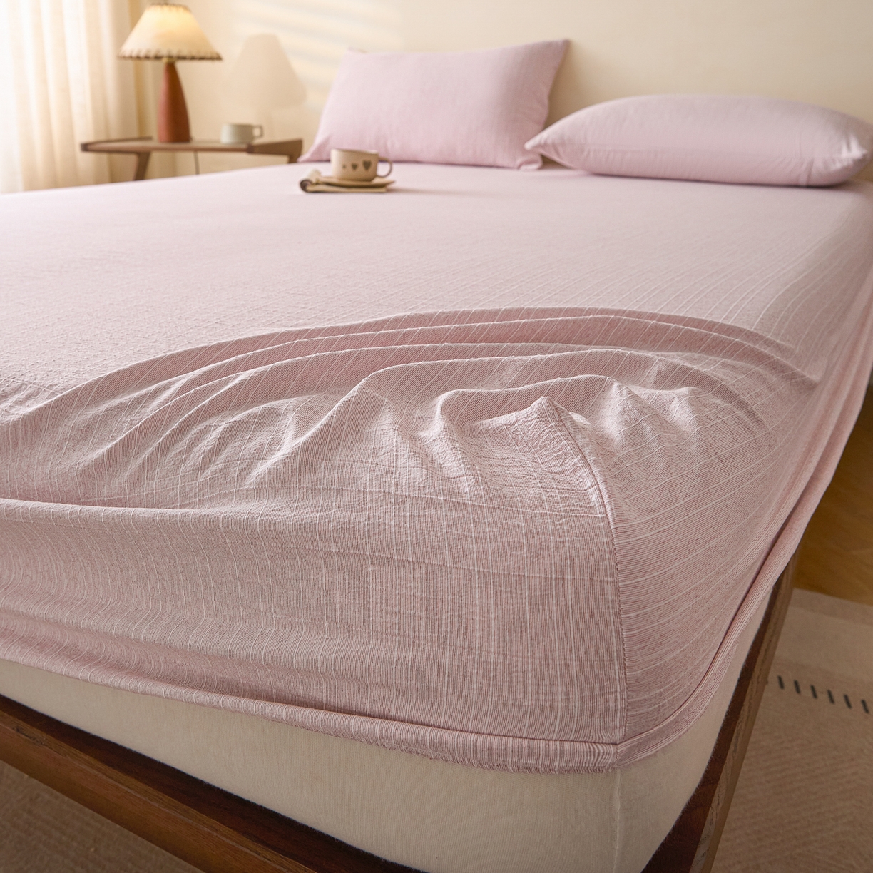 91家纺网 家纺一手货源 找家纺 蓝极人 2026新款提花色织水洗麻床笠 CL玫瑰粉