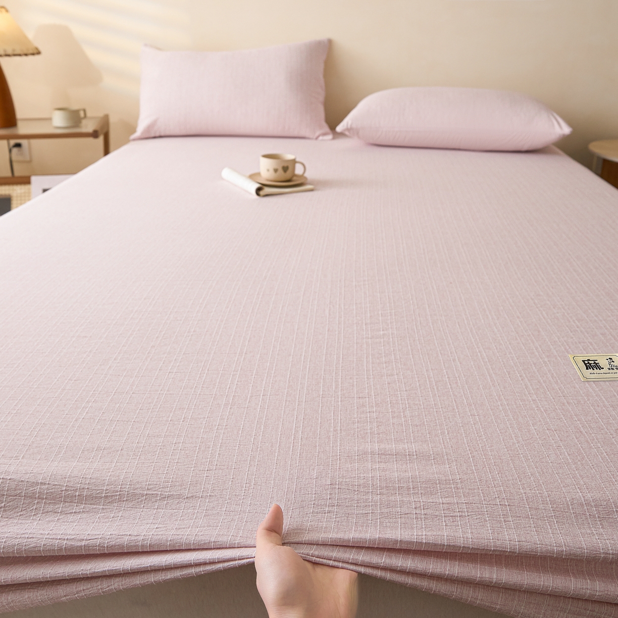 91家纺网 家纺一手货源 找家纺 蓝极人 2026新款提花色织水洗麻床笠 CL玫瑰粉