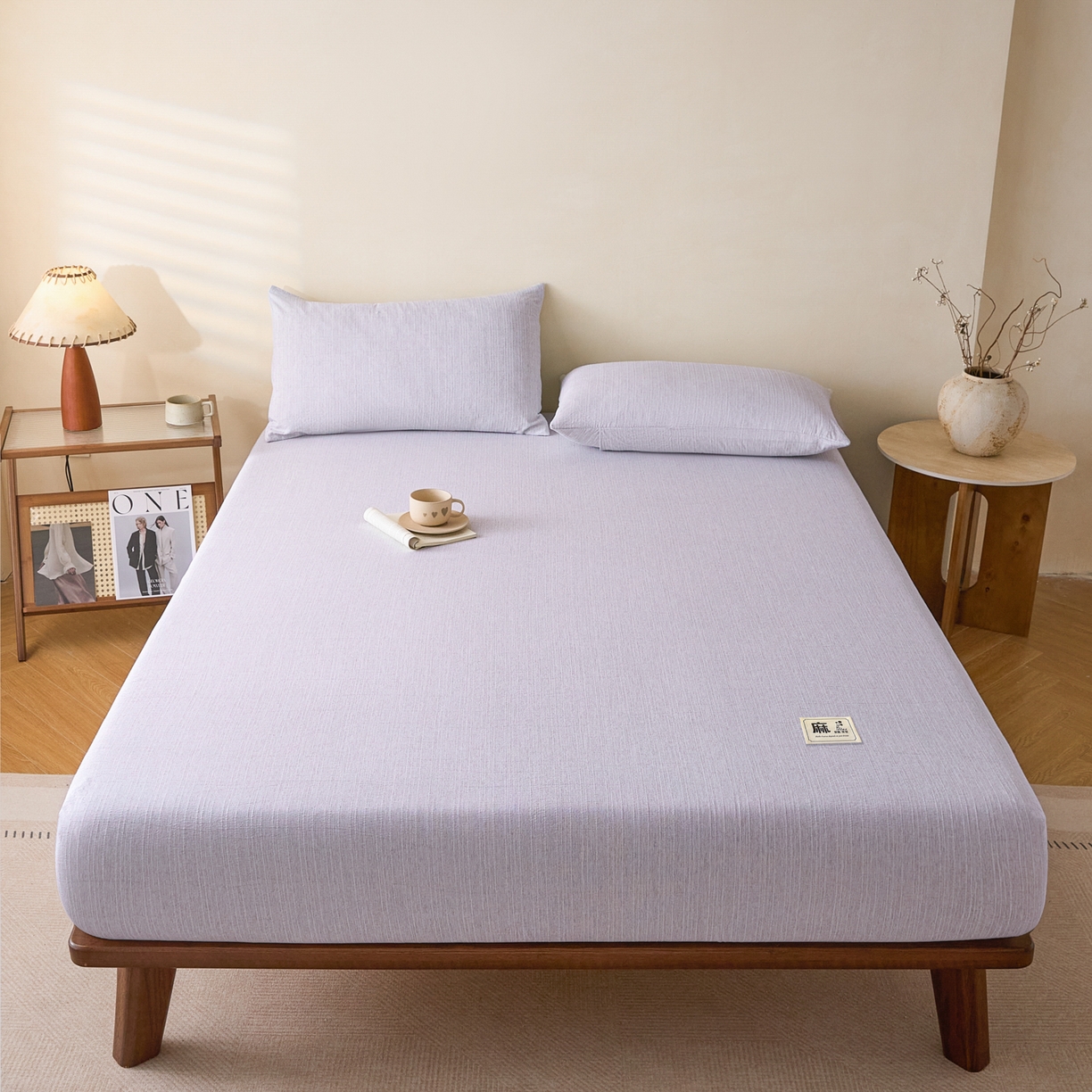 91家纺网 家纺一手货源 找家纺 蓝极人 2026新款提花色织水洗麻床笠 CL葡萄青