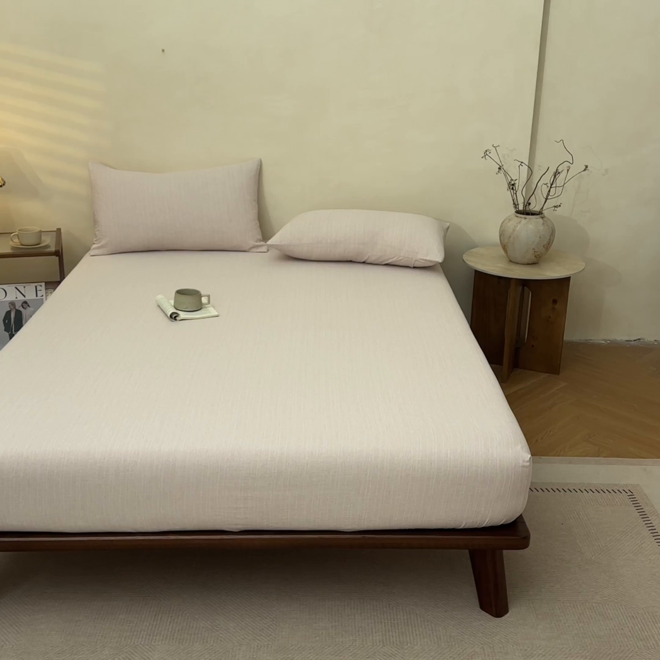 91家纺网 家纺一手货源 找家纺 蓝极人 2026新款提花色织水洗麻床笠 CL葡萄青