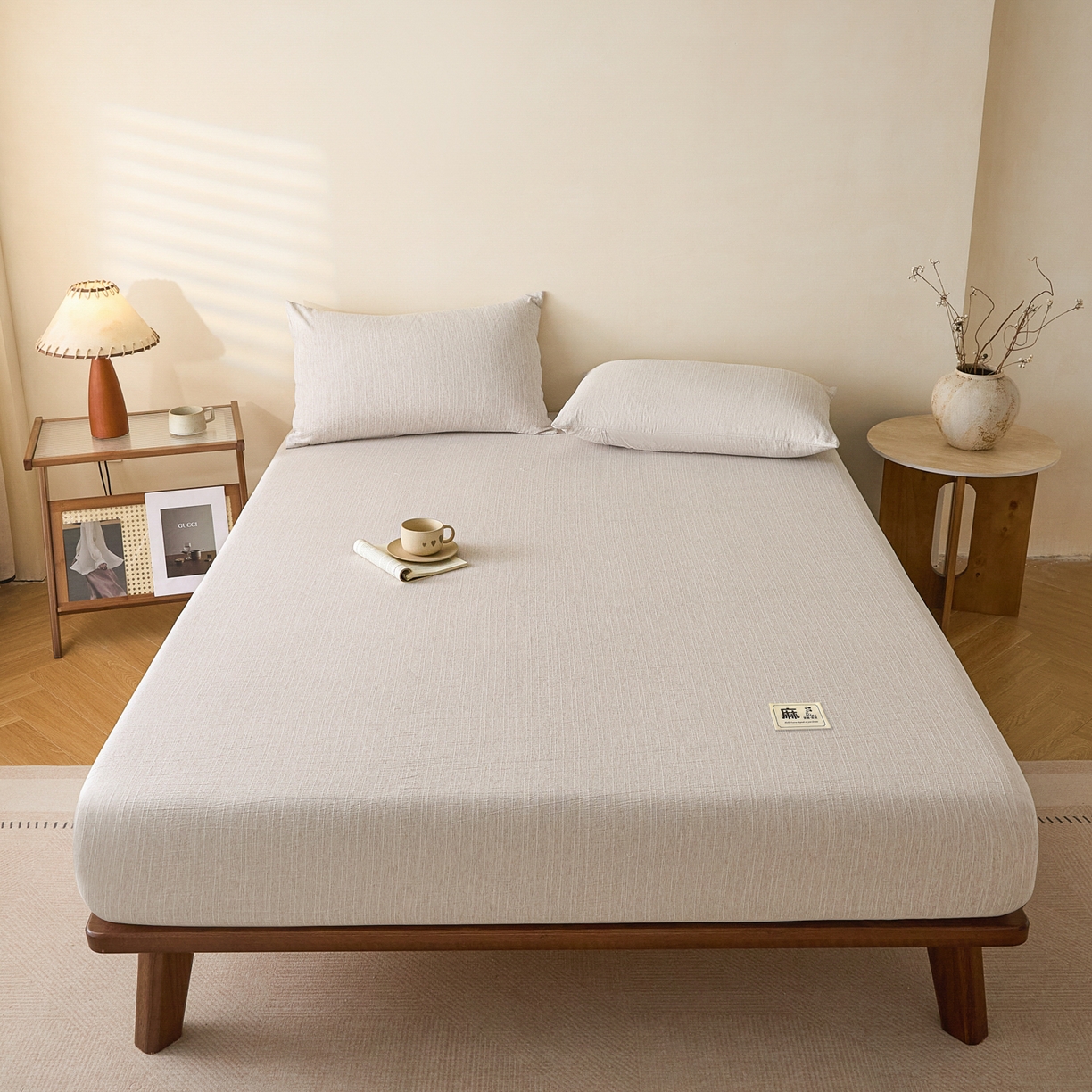 91家纺网 家纺一手货源 找家纺 蓝极人 2026新款提花色织水洗麻床笠 CL烟灰