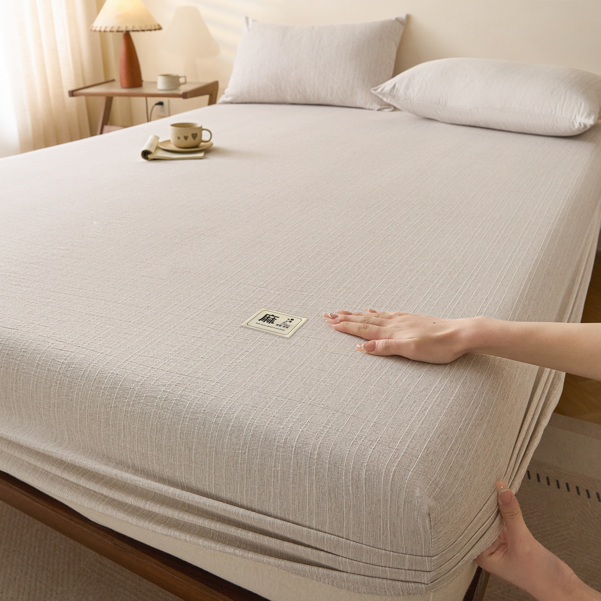 91家纺网 家纺一手货源 找家纺 蓝极人 2026新款提花色织水洗麻床笠 CL烟灰