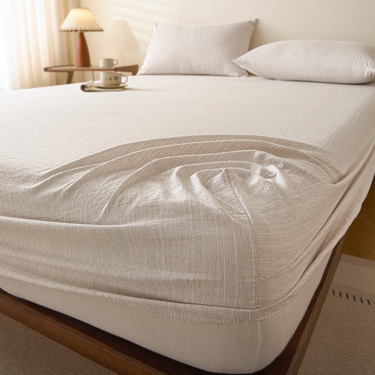 91家纺网 家纺一手货源 找家纺 蓝极人 2026新款提花色织水洗麻床笠 CL烟灰