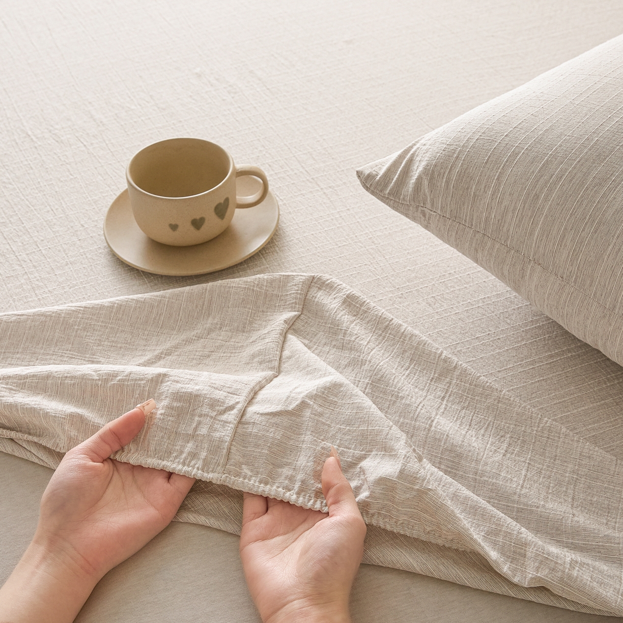 91家纺网 家纺一手货源 找家纺 蓝极人 2026新款提花色织水洗麻床笠 CL烟灰