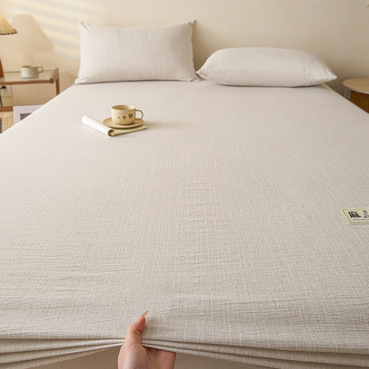 91家纺网 家纺一手货源 找家纺 蓝极人 2026新款提花色织水洗麻床笠 CL烟灰