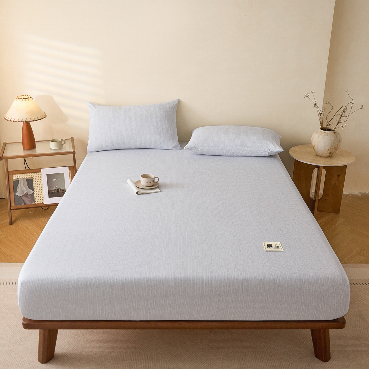 91家纺网 家纺一手货源 找家纺 蓝极人 2026新款提花色织水洗麻床笠 LC牛仔蓝