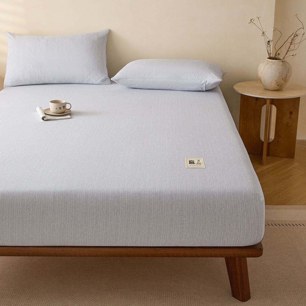 91家纺网 家纺一手货源 找家纺 蓝极人 2026新款提花色织水洗麻床笠 LC牛仔蓝